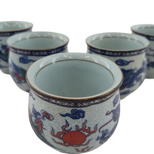 Lot of 5 Blue Dragon Ceramic Cups Asian Porcelain Coffe Tea Bowls Vintage Decor